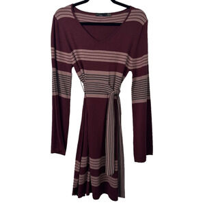 PRANA Brown Striped Sydney Bell Sleeve Belted Knit V-Neck Sweater Dress - M. D11